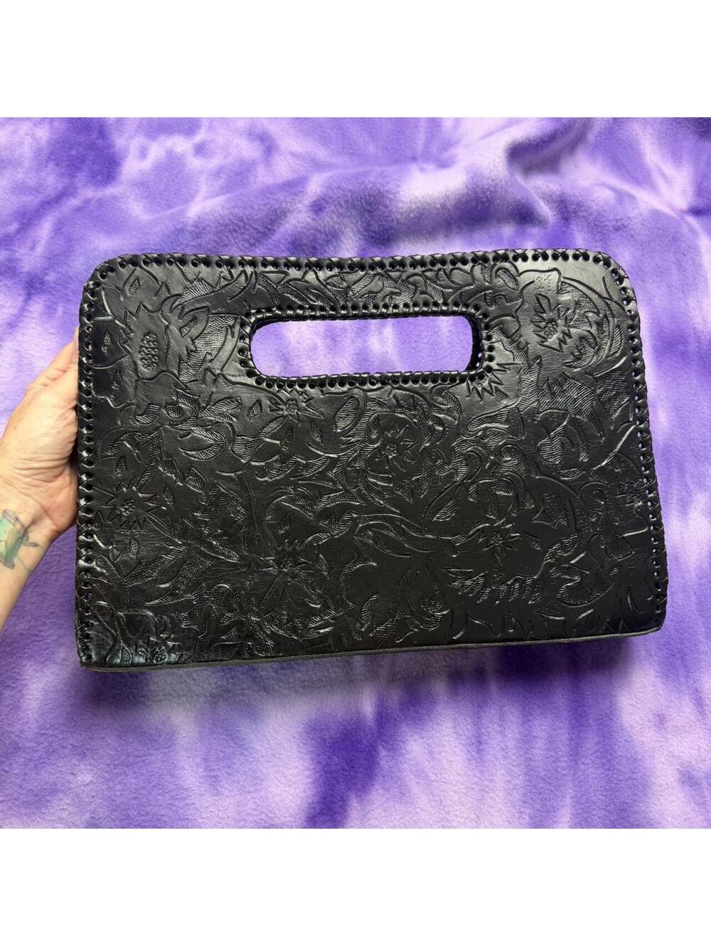 Alexis David handmade hand tooled black leather clutch bag